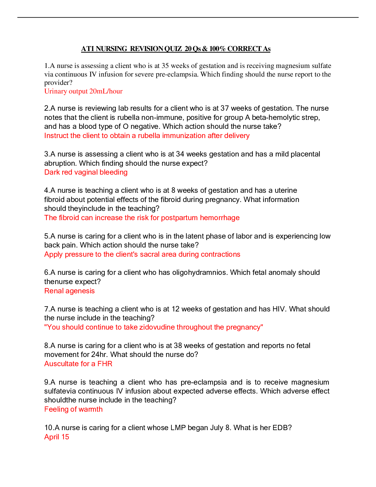 Preview of ATI NURSING  REVISION QUIZ  20 Qs & 100% CORRECT As